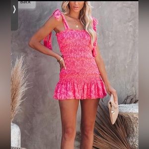 Pink Summer Floral Spaghetti Strap Square Neck Ruffle Mini Smocked Dress NWT